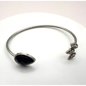 Vintage 90s Silver Tone Bangle Bracelet Black Pear Stone Clear Glass Floral